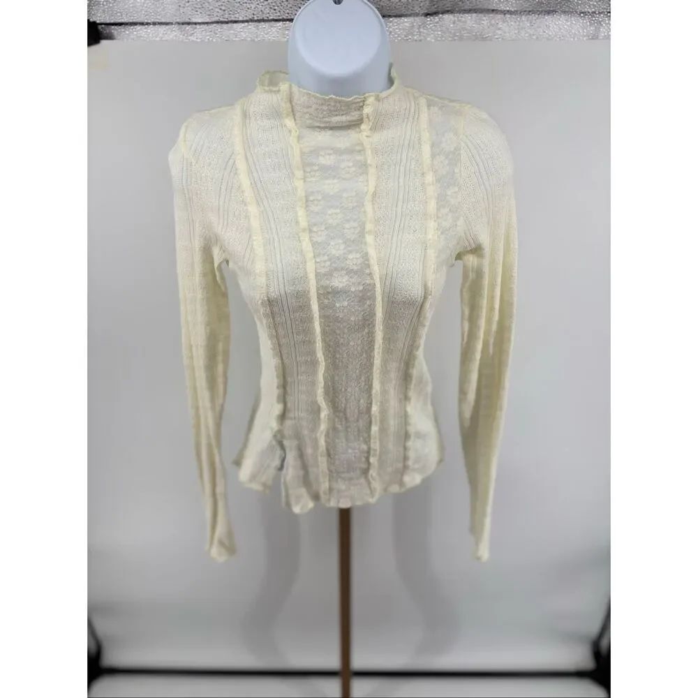 Free People Gardenia Lula Lace Mock Neck Long Sleeve Top XS Cream Side Slit